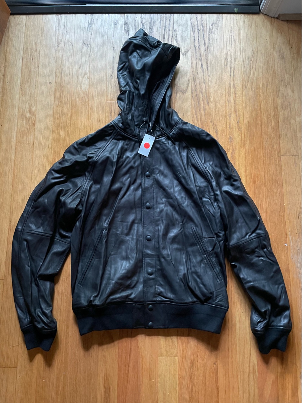 Polo by Ralph Lauren Black Hooded Lamb Leather Bomber Jacket Men’s Medium - Picture 2 of 9
